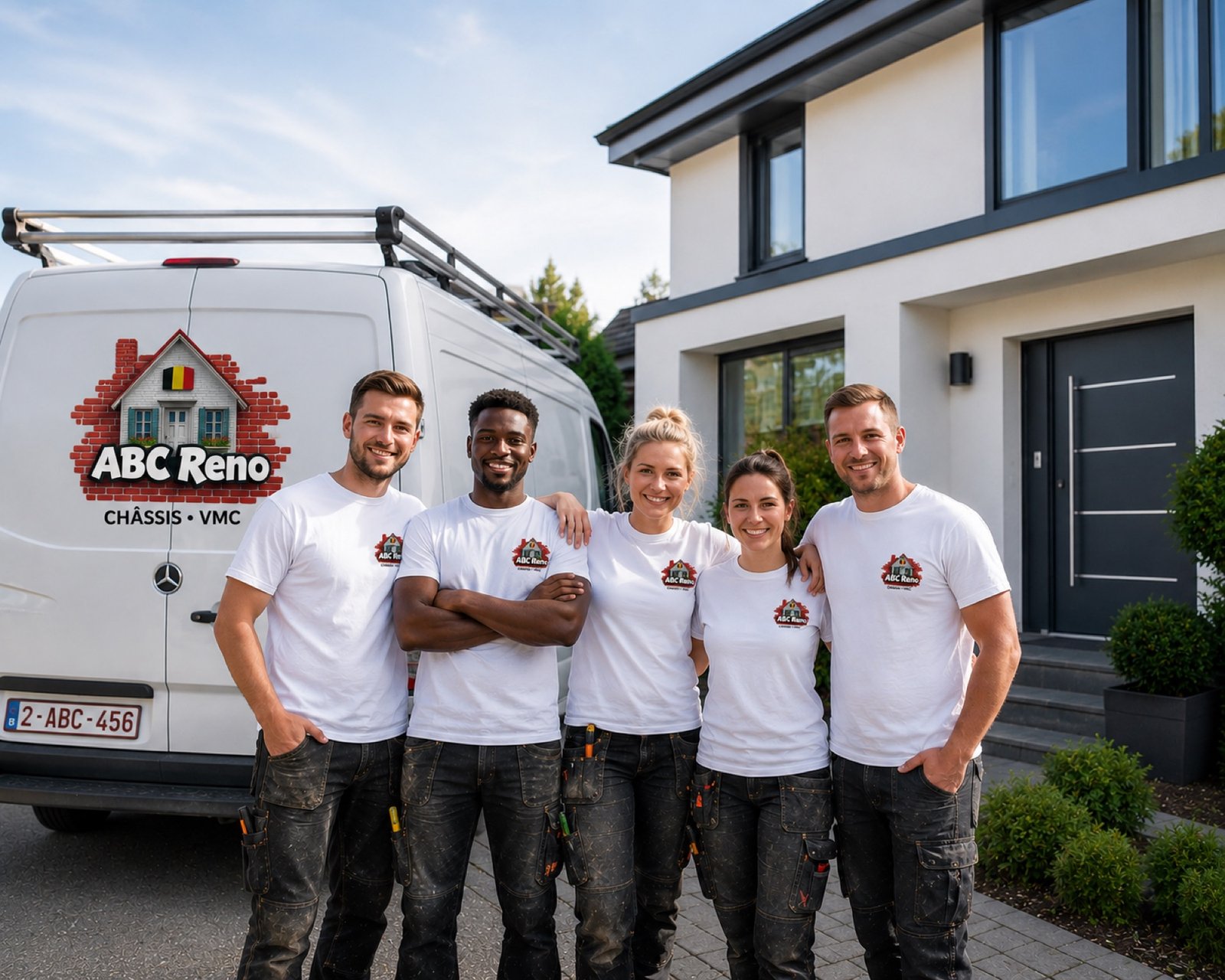 Équipe ABC Reno avec camion et tenues de chantier