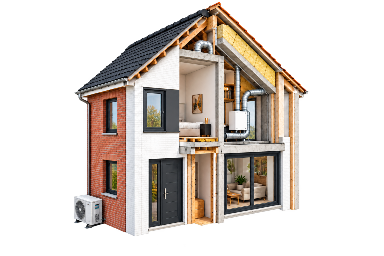 Illustration détourée d’une maison en coupe montrant les châssis, la porte, la ventilation, l’isolation de toiture et la pompe à chaleur